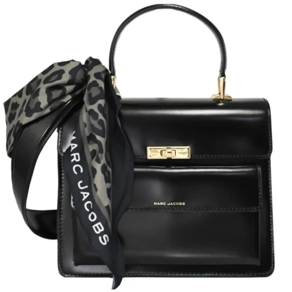 MARC JACOBS 經典LOGO絲巾裝飾翻蓋手提包兩用包仕女包(黑)